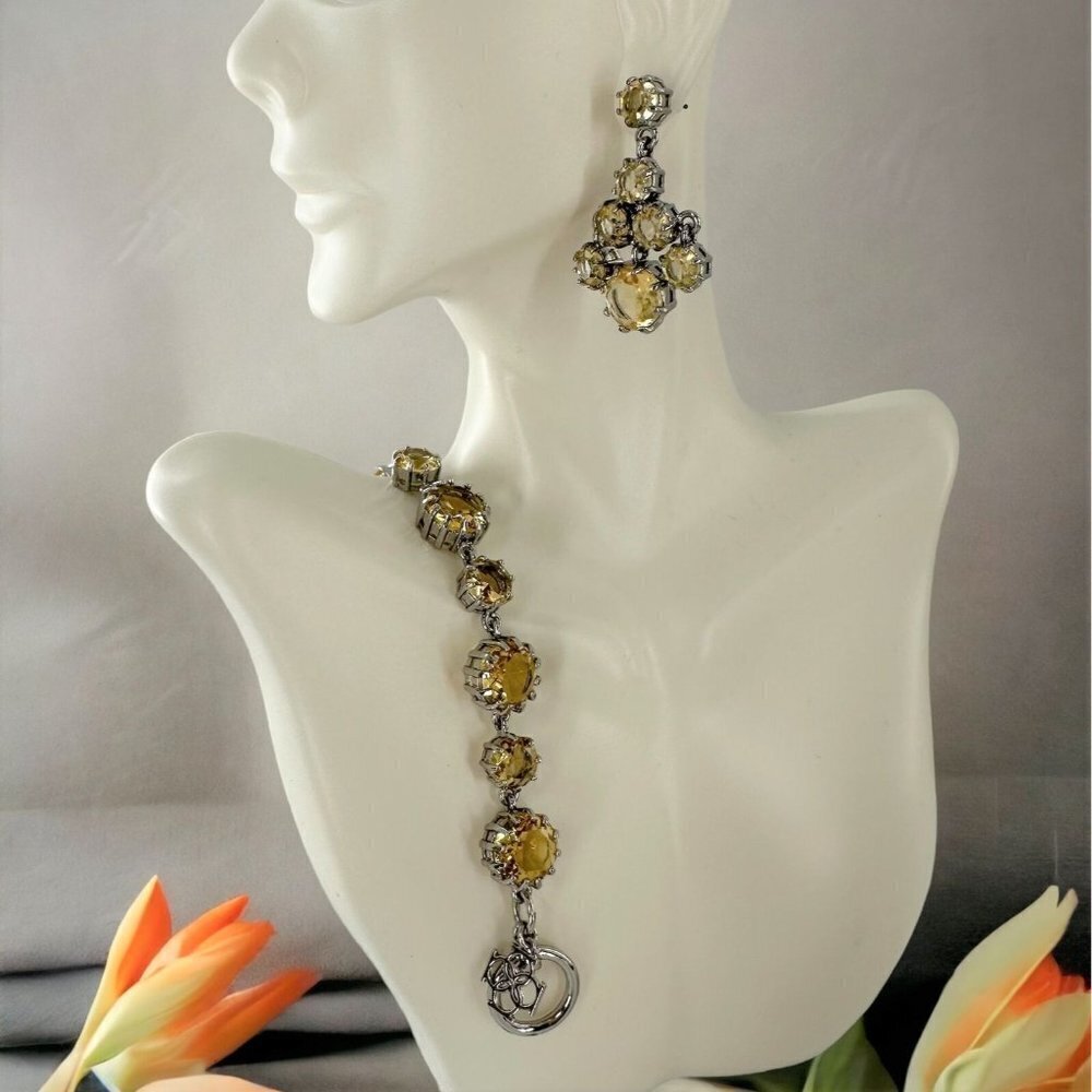 NEW/NWT Ann Taylor Champagne Crystal Bracelet and Drop Earrings Silver Tone